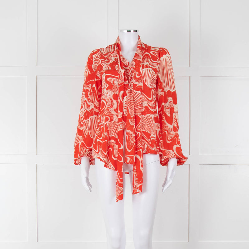 Rixo Orange Cream Silk Tie Up Neck Jacket