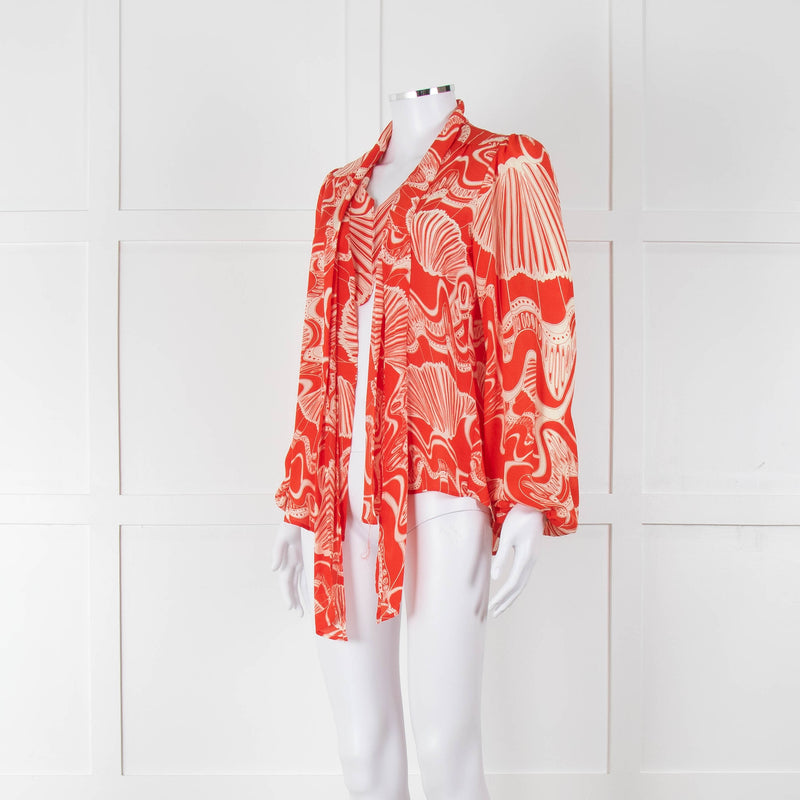 Rixo Orange Cream Silk Tie Up Neck Jacket