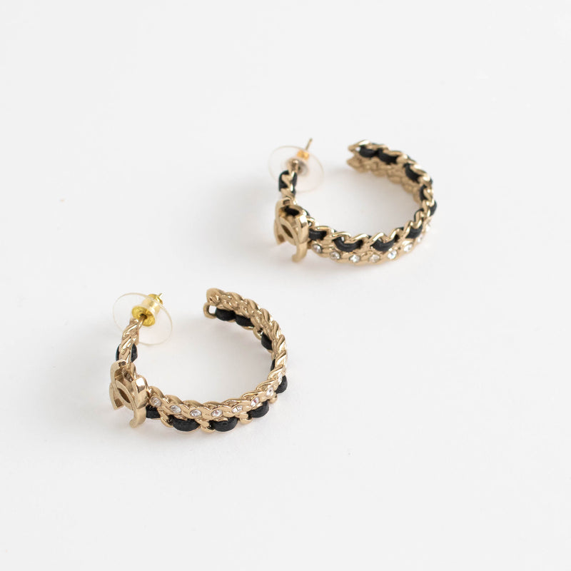 Chanel Gold Woven Diamante Embellished CC Hoop Earrings