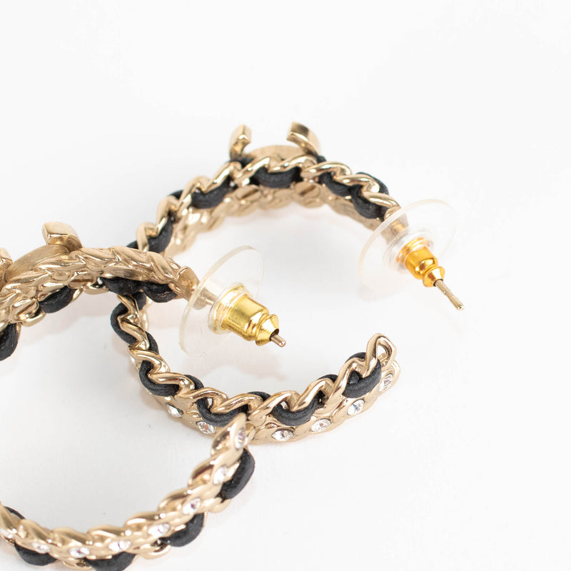 Chanel Gold Woven Diamante Embellished CC Hoop Earrings