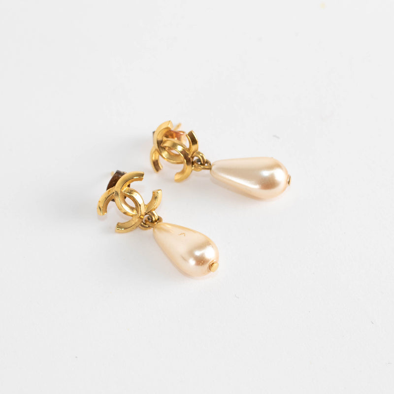 Chanel Gold Pearl Drop CC Earrings