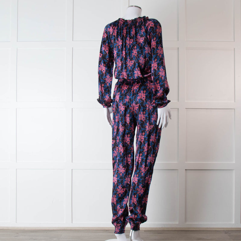 Ridley Blue Pink Floral Silk Satin Jumpsuit