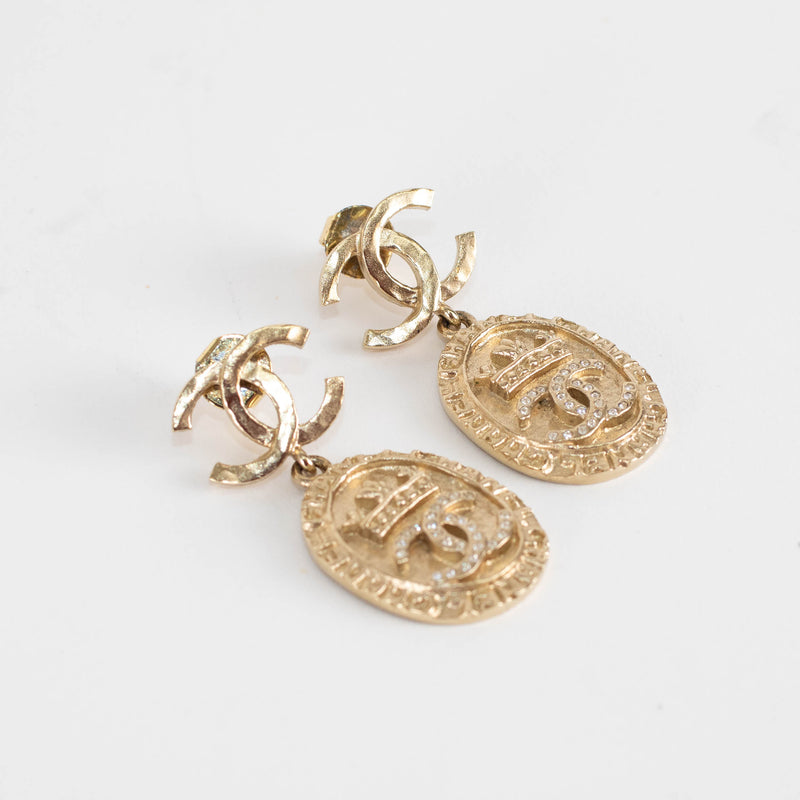 Chanel Gold Crystal CC Medallion Drop Earrings