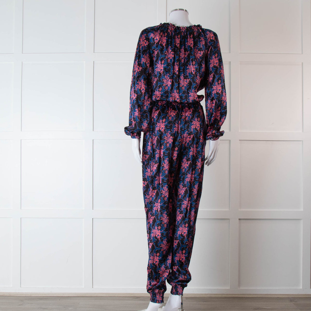 Ridley Blue Pink Floral Silk Satin Jumpsuit