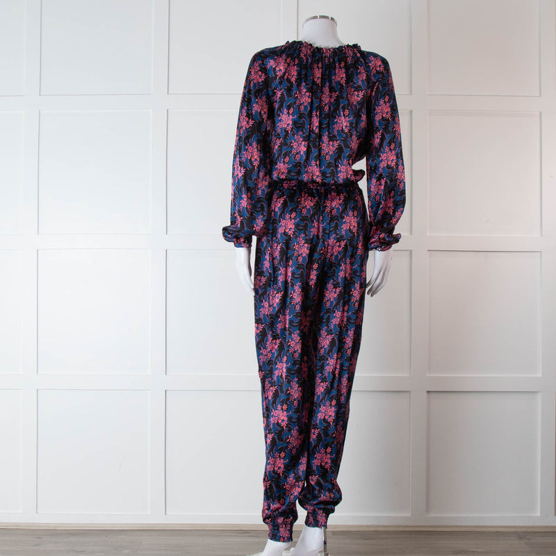 Ridley Blue Pink Floral Silk Satin Jumpsuit