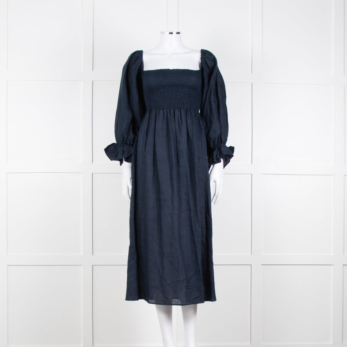 Daily Sleeper Navy Linen Smocked Midi Dress with Puff Sleeves