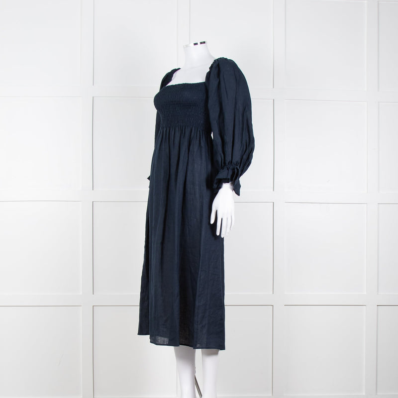 Daily Sleeper Navy Linen Smocked Midi Dress with Puff Sleeves
