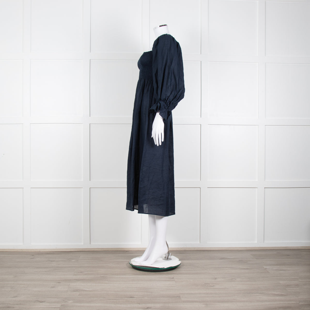 Daily Sleeper Navy Linen Smocked Midi Dress with Puff Sleeves