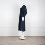 Daily Sleeper Navy Linen Smocked Midi Dress with Puff Sleeves