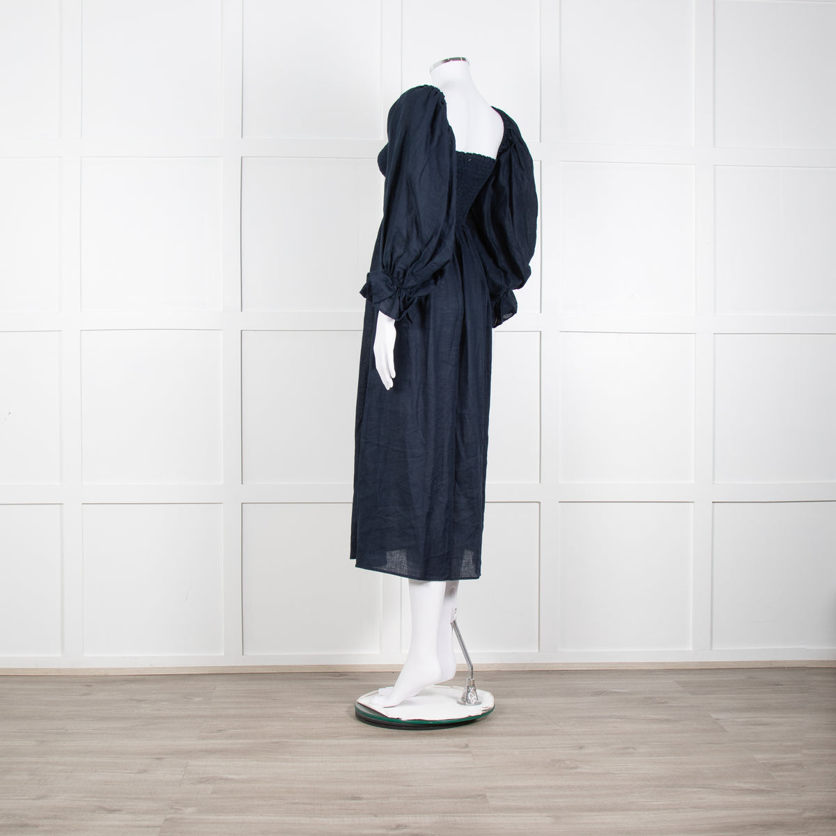 Daily Sleeper Navy Linen Smocked Midi Dress with Puff Sleeves