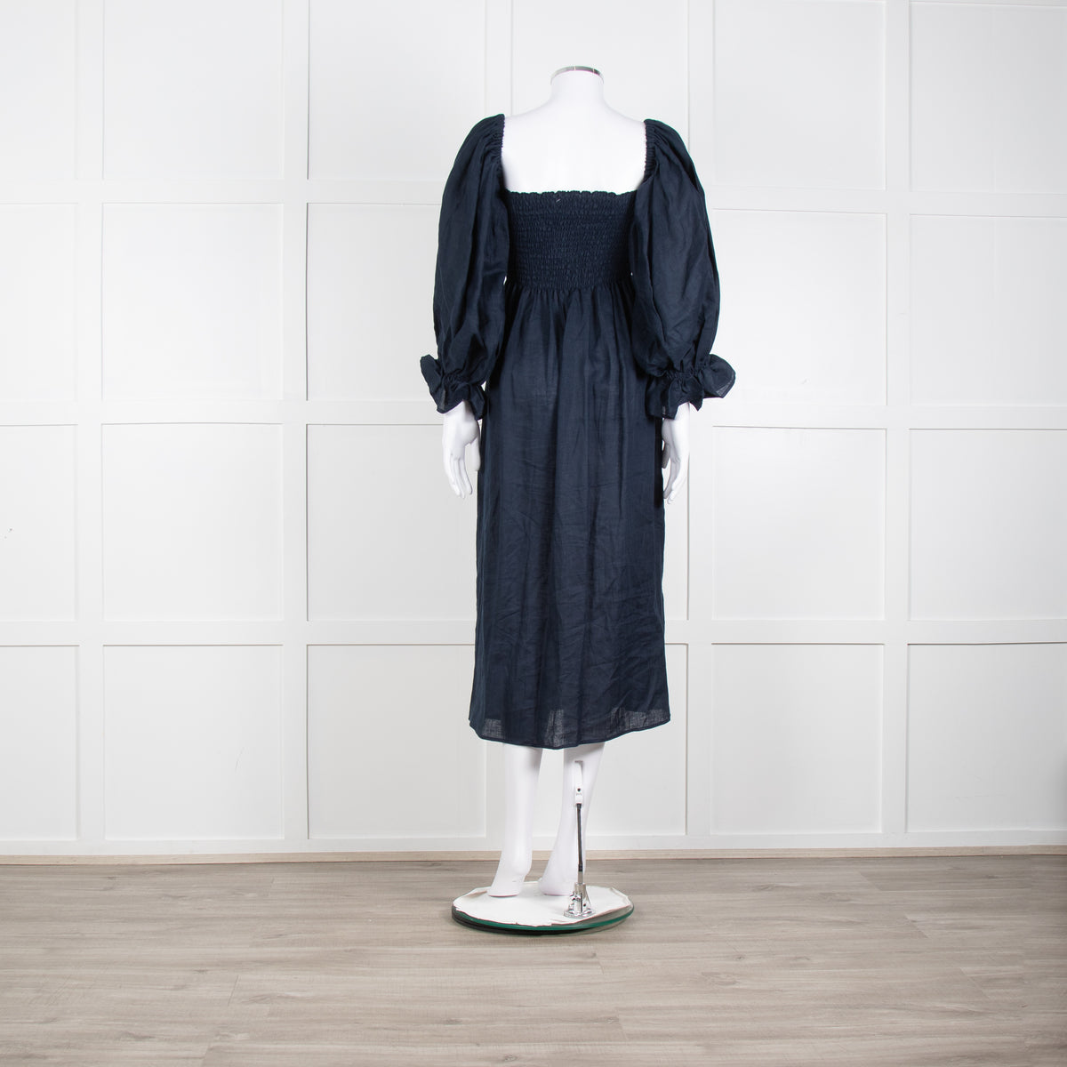 Daily Sleeper Navy Linen Smocked Midi Dress with Puff Sleeves