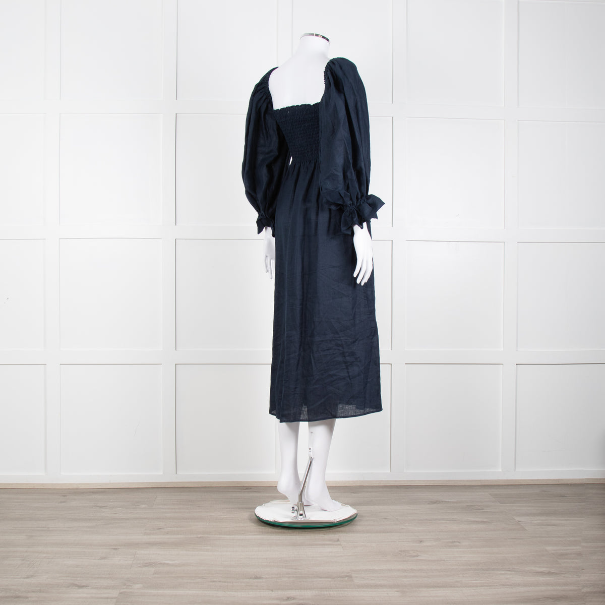 Daily Sleeper Navy Linen Smocked Midi Dress with Puff Sleeves