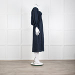 Daily Sleeper Navy Linen Smocked Midi Dress with Puff Sleeves