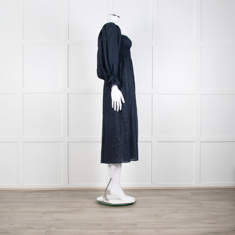 Daily Sleeper Navy Linen Smocked Midi Dress with Puff Sleeves