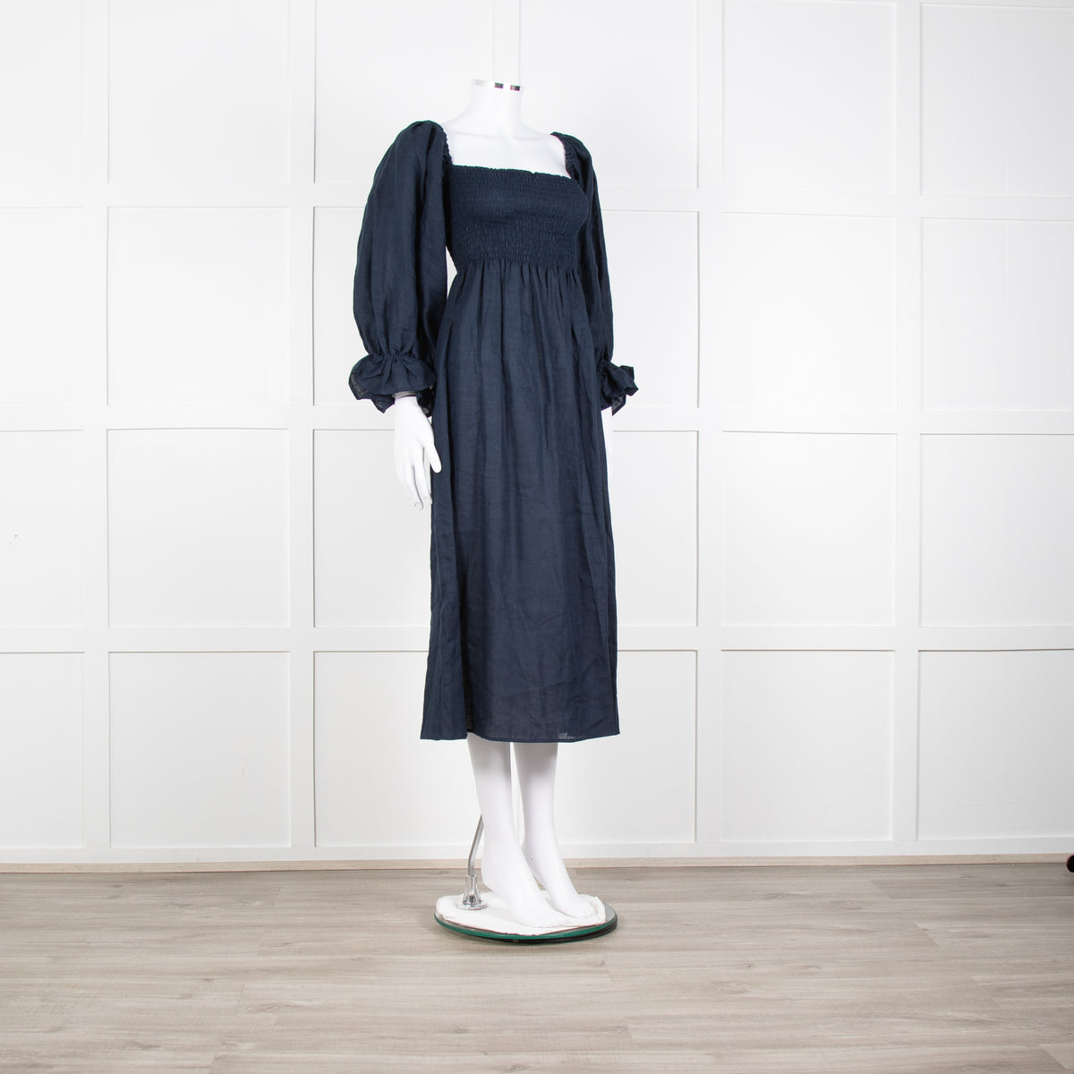 Daily Sleeper Navy Linen Smocked Midi Dress with Puff Sleeves