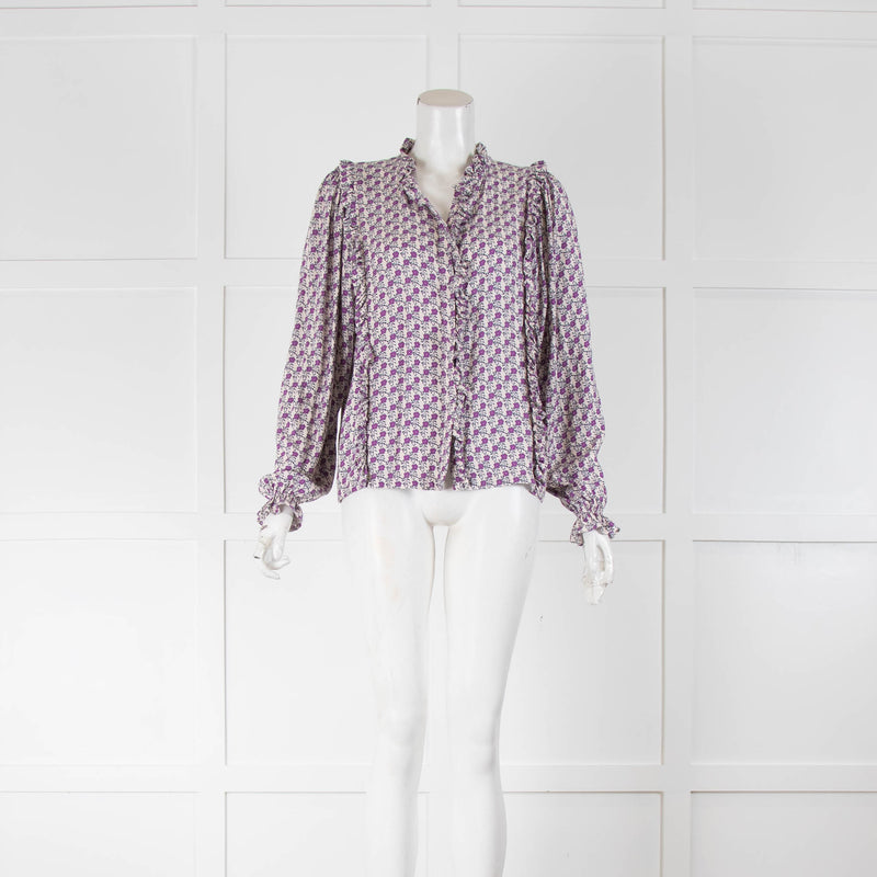 The New Society Cream Purple Flowers Frill Trim Shirt