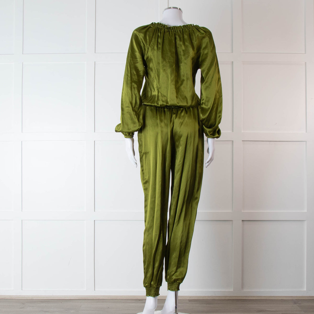 Ridley Green Silk Satin Long Sleeve Jumpsuit