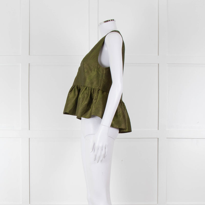 Ganni Green Short Sleeve Peplum Hem Top