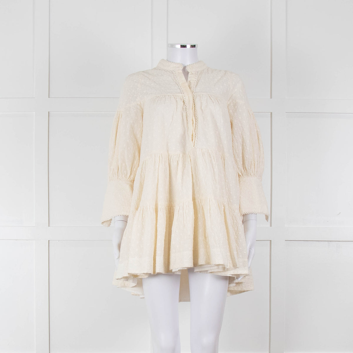 Shona Joy Cream Broderie Tiered Mini Dress