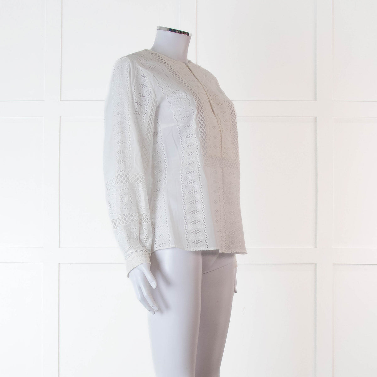 Oscar De La Renta White Broderie Long Sleeve Blouse