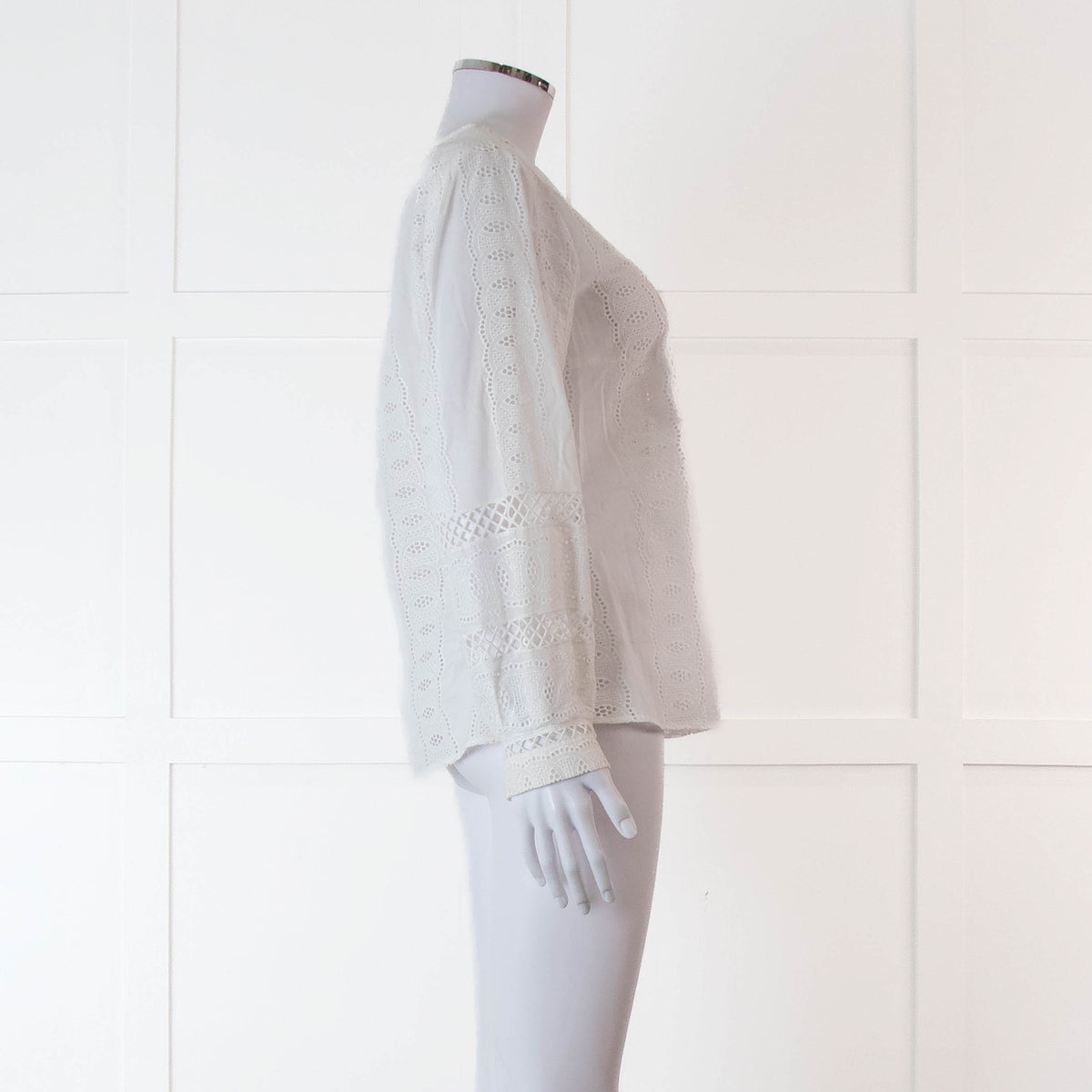 Oscar De La Renta White Broderie Long Sleeve Blouse