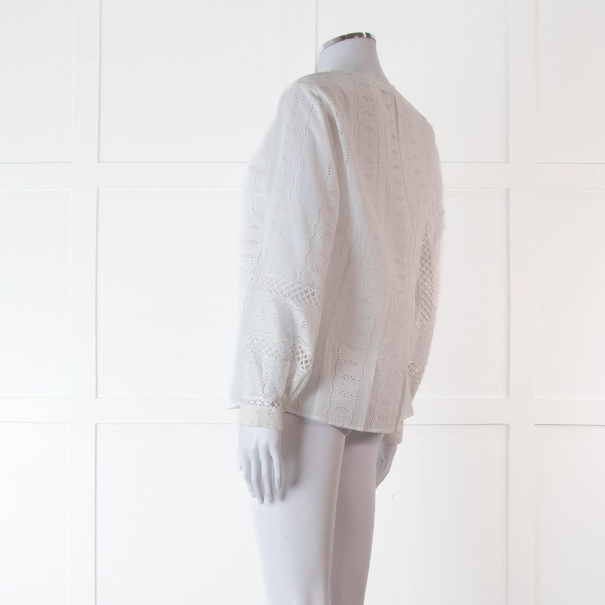 Oscar De La Renta White Broderie Long Sleeve Blouse