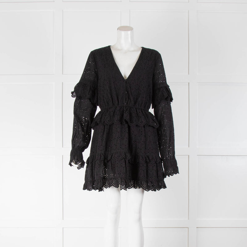SIR Black Broderie Anglaise Ruffle Long Sleeve Mini Dress