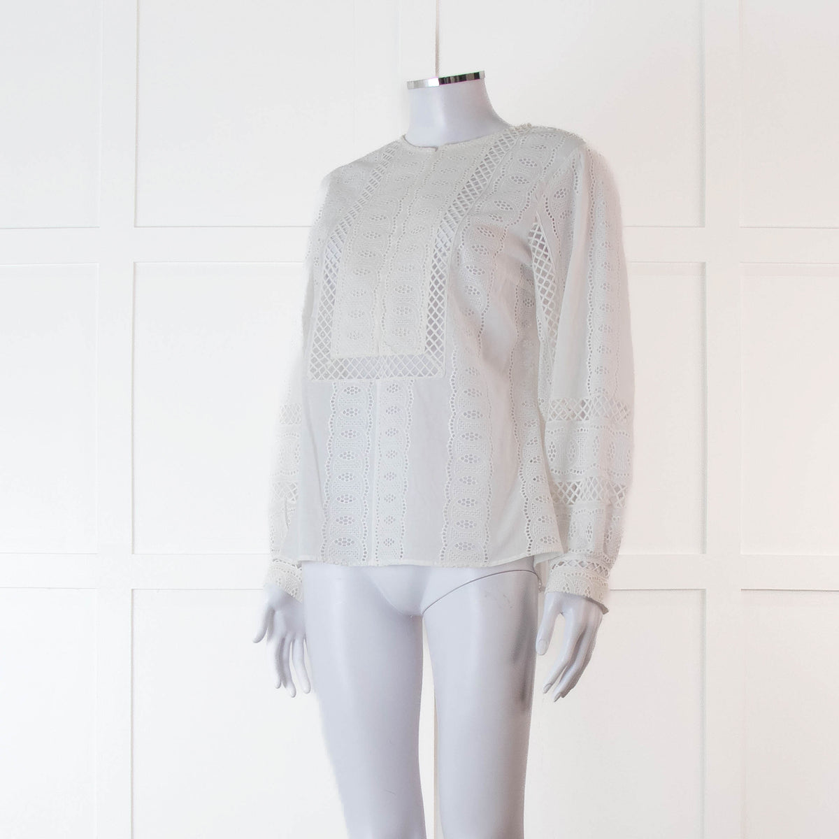 Oscar De La Renta White Broderie Long Sleeve Blouse