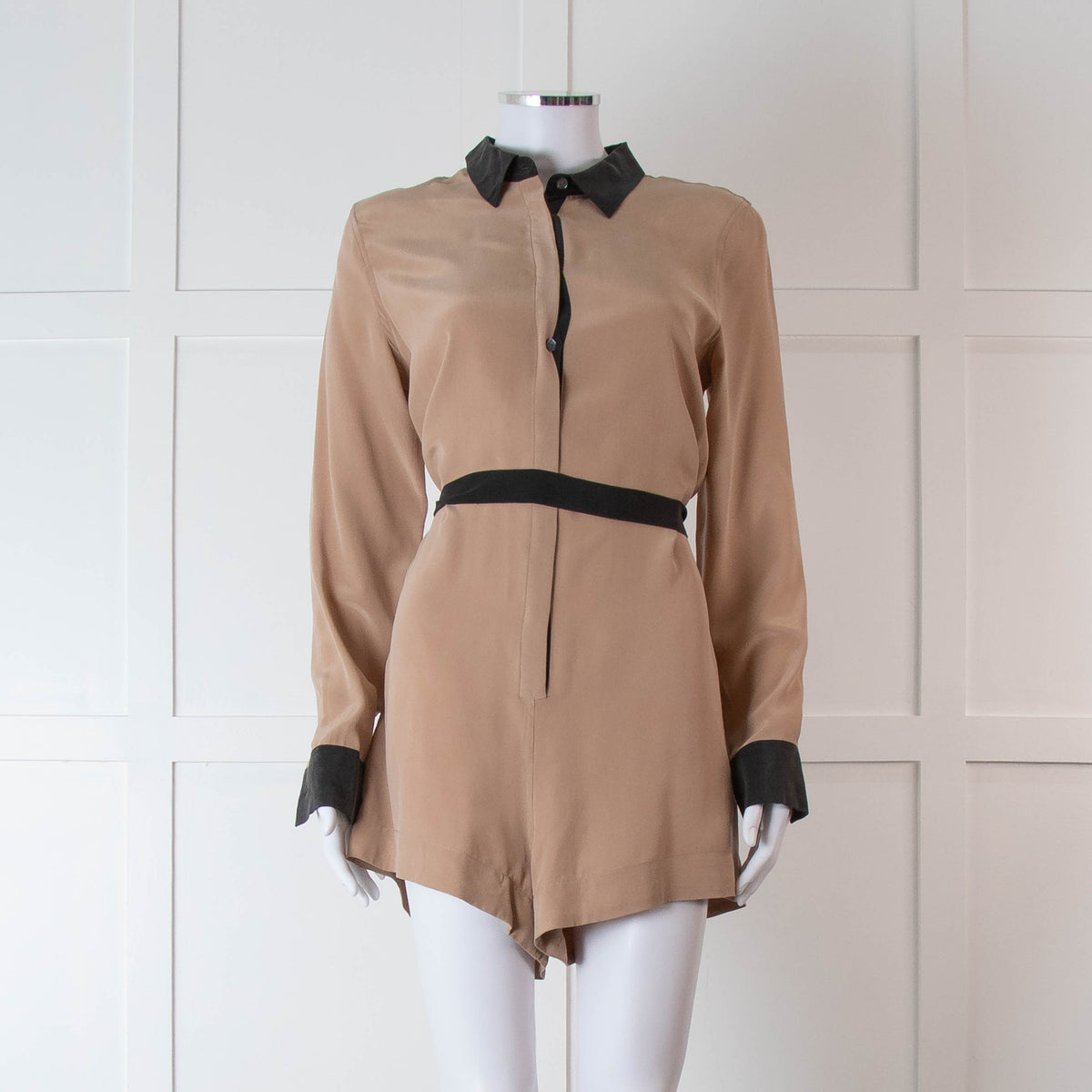 Equipment Beige and Black Silk Collared Romper
