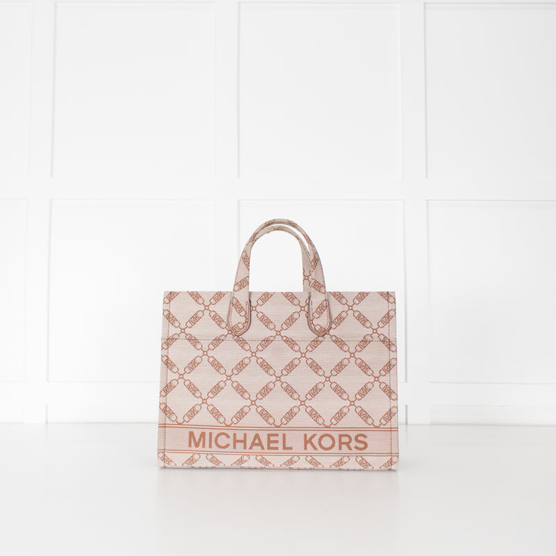 Michael Kors Beige Brown Gigi Empire Logo Jacquard Tote Bag