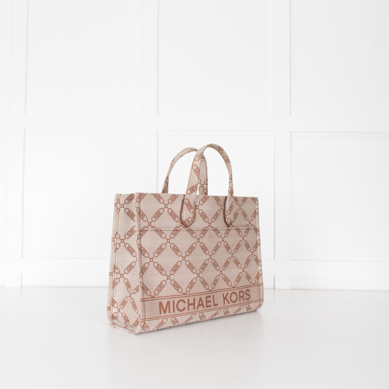 Michael Kors Beige Brown Gigi Empire Logo Jacquard Tote Bag