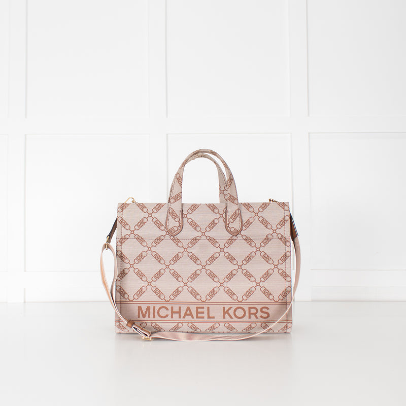 Michael Kors Beige Brown Gigi Empire Logo Jacquard Tote Bag