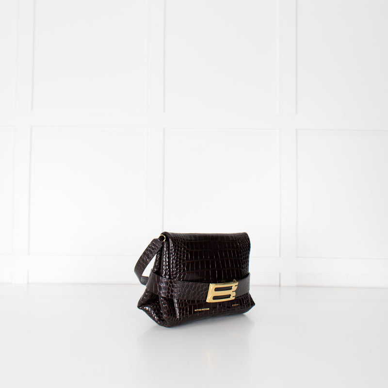 Victoria Beckham Brown Buckle Croc Embossed Bag