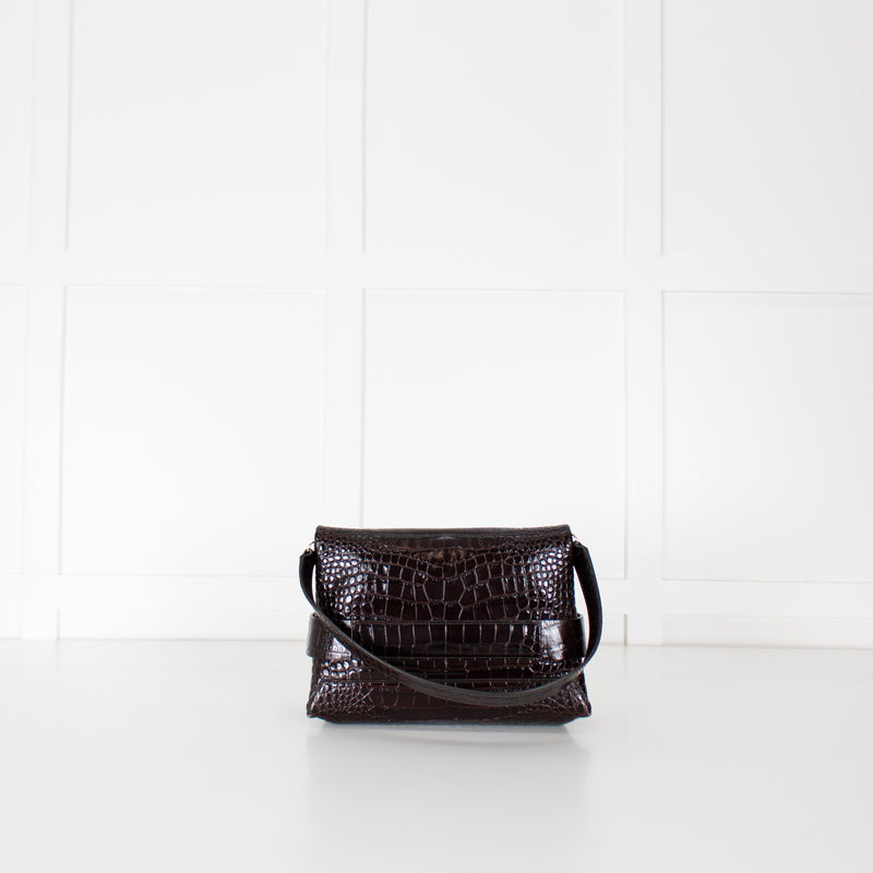 Victoria Beckham Brown Buckle Croc Embossed Bag