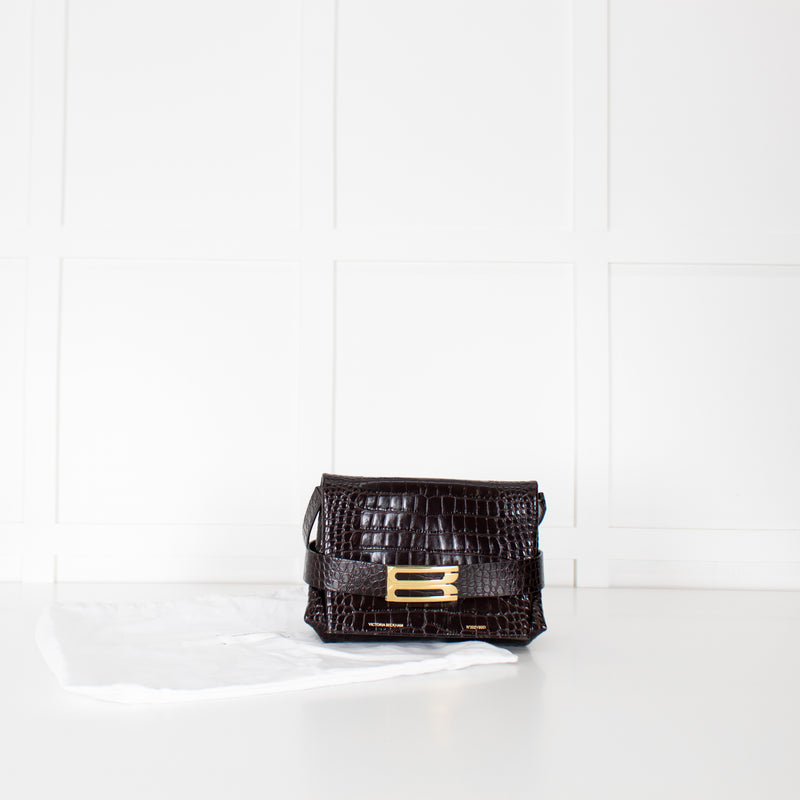Victoria Beckham Brown Buckle Croc Embossed Bag