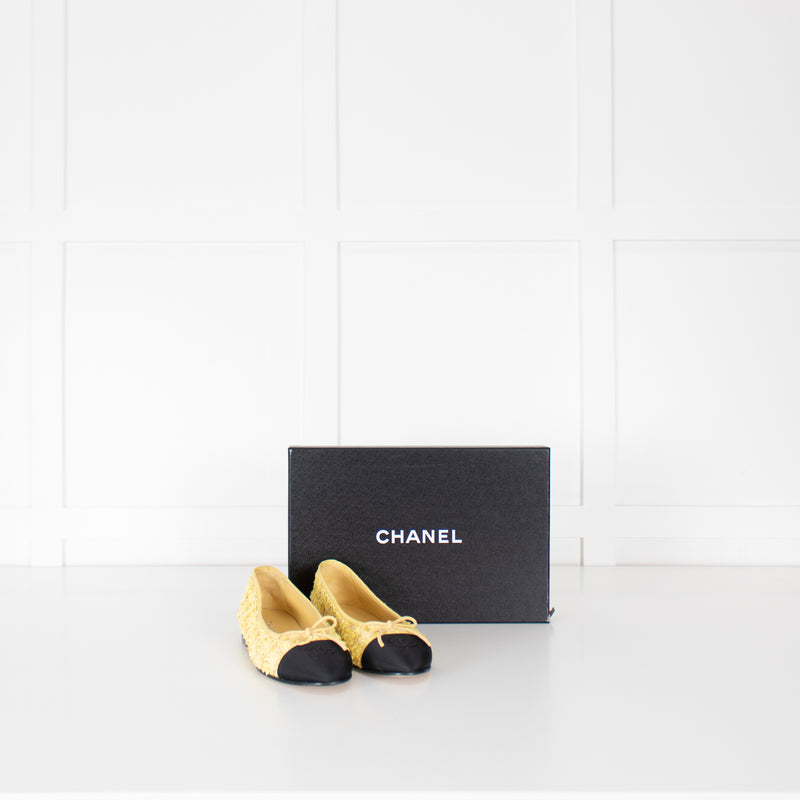 Chanel Yellow Tweedy Black Toe Ballerina Shoes