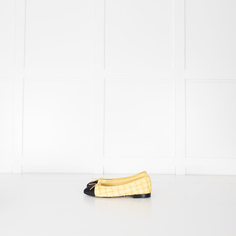 Chanel Yellow Tweedy Black Toe Ballerina Shoes