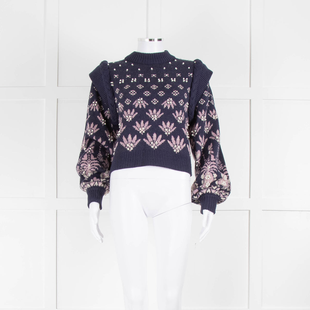 Farm Rio Navy Blue Pink Pearl Detail Sweater