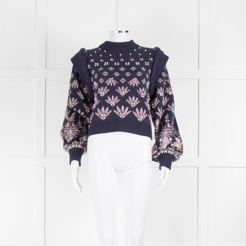 Farm Rio Navy Blue Pink Pearl Detail Sweater