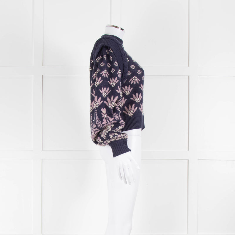 Farm Rio Navy Blue Pink Pearl Detail Sweater