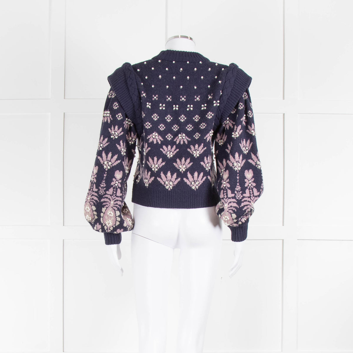 Farm Rio Navy Blue Pink Pearl Detail Sweater