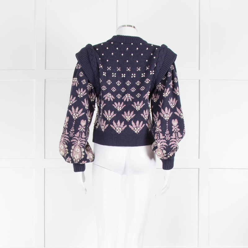 Farm Rio Navy Blue Pink Pearl Detail Sweater