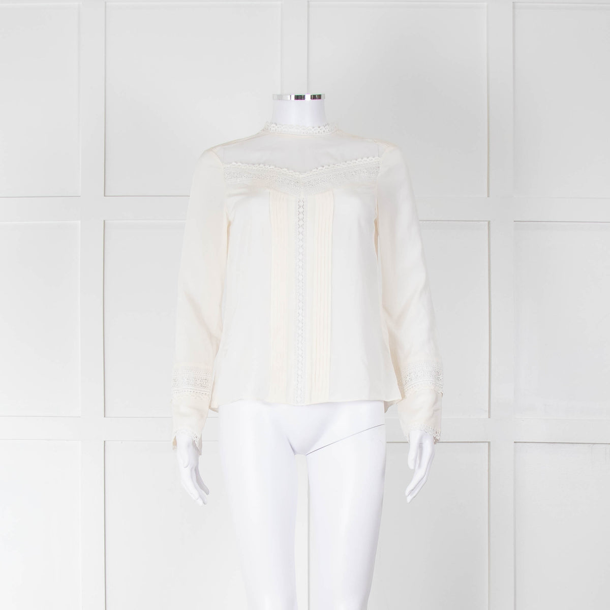 Rebecca Taylor Cream Silk Lace Detail Long Sleeve Top