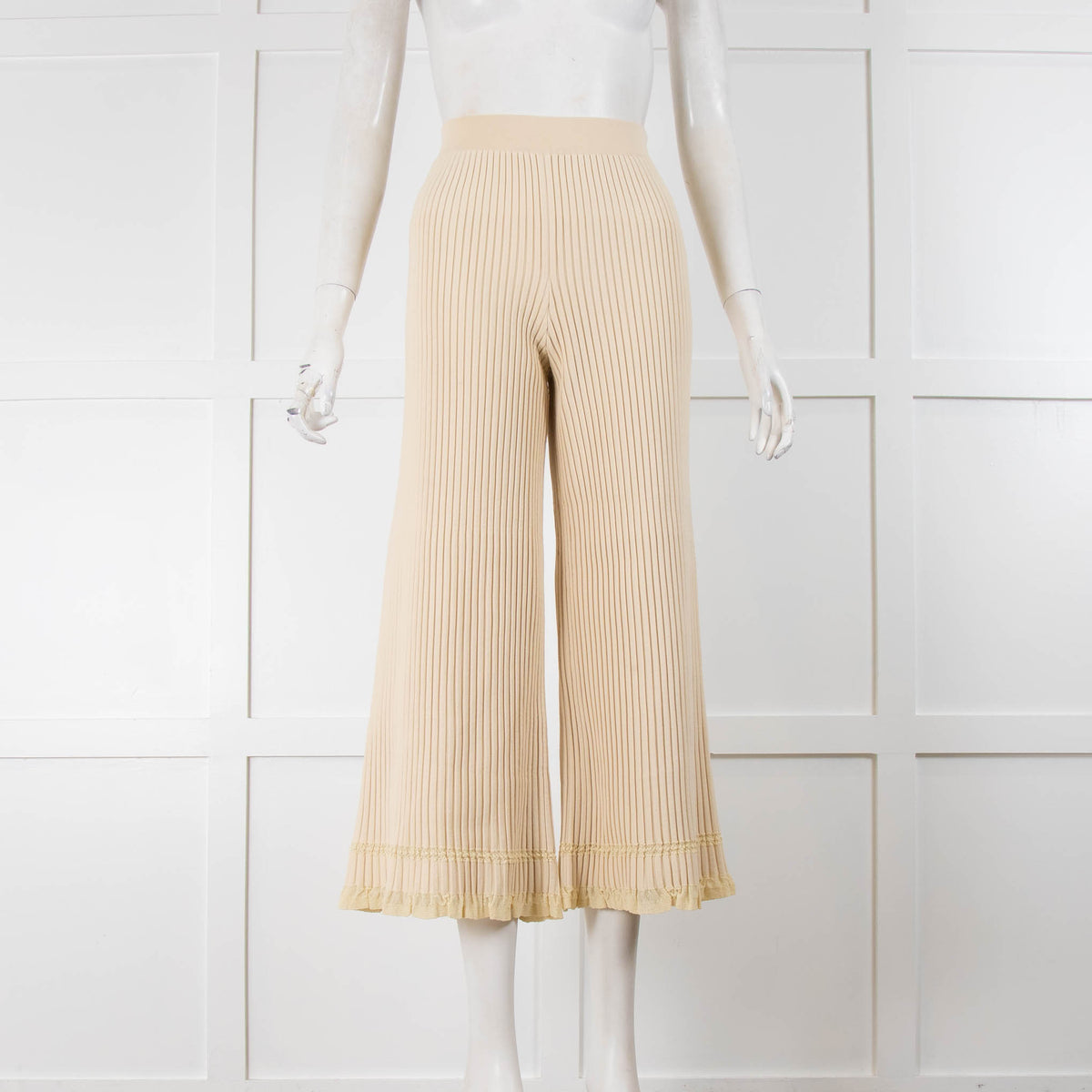 Theory Cream Ribbed Trousers with Frilled Hem