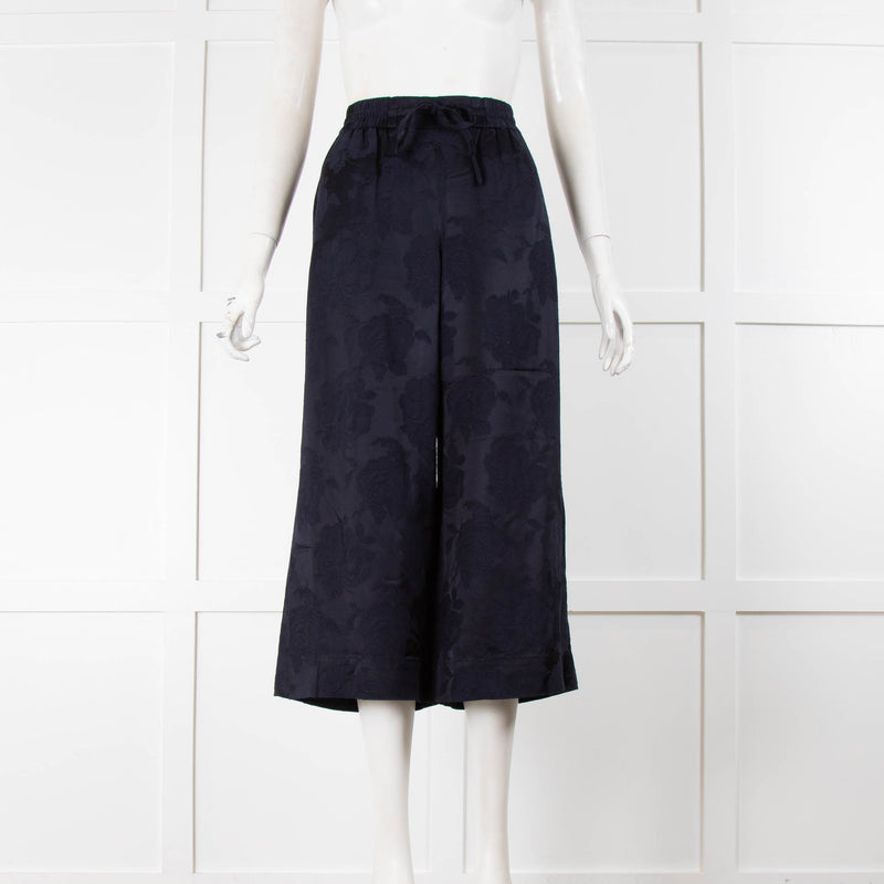 Vince Navy Split Leg Brocade Floral Drawstring Trousers