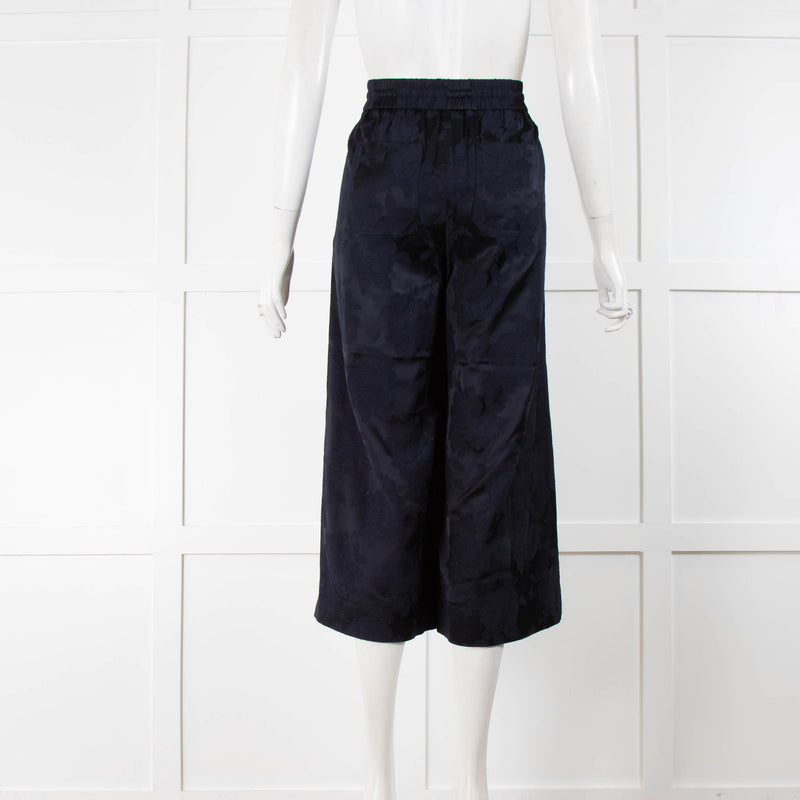 Vince Navy Split Leg Brocade Floral Drawstring Trousers