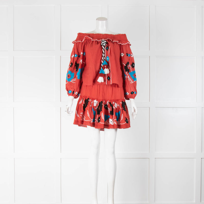 Misa Red Blue Black Embroidered Off The Shoulder Balloon Sleeve Top
