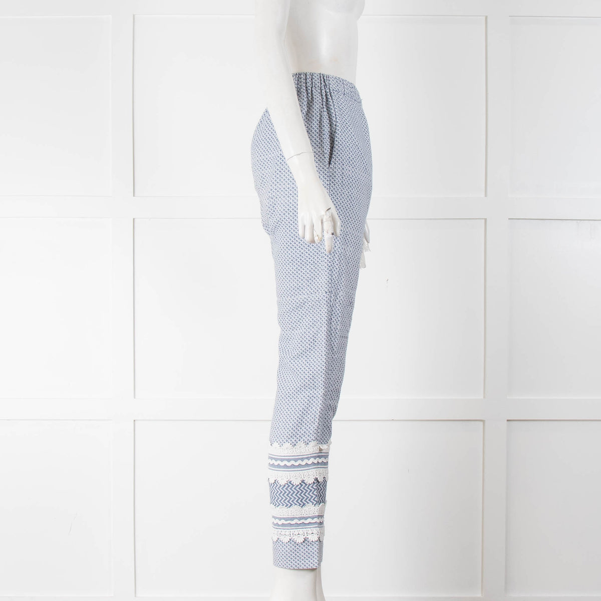 Dodo Bar Or Blue White Cotton Lace Detail Slim Leg Trousers