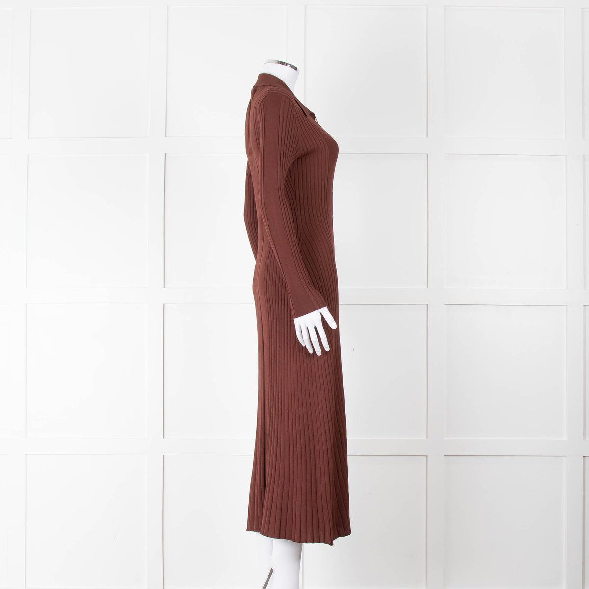 Sandro Brown Rib Knit Collared Dress with Gold Buttons