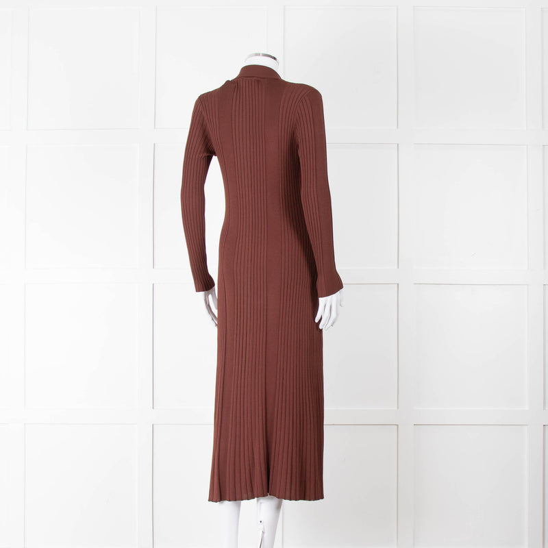 Sandro Brown Rib Knit Collared Dress with Gold Buttons